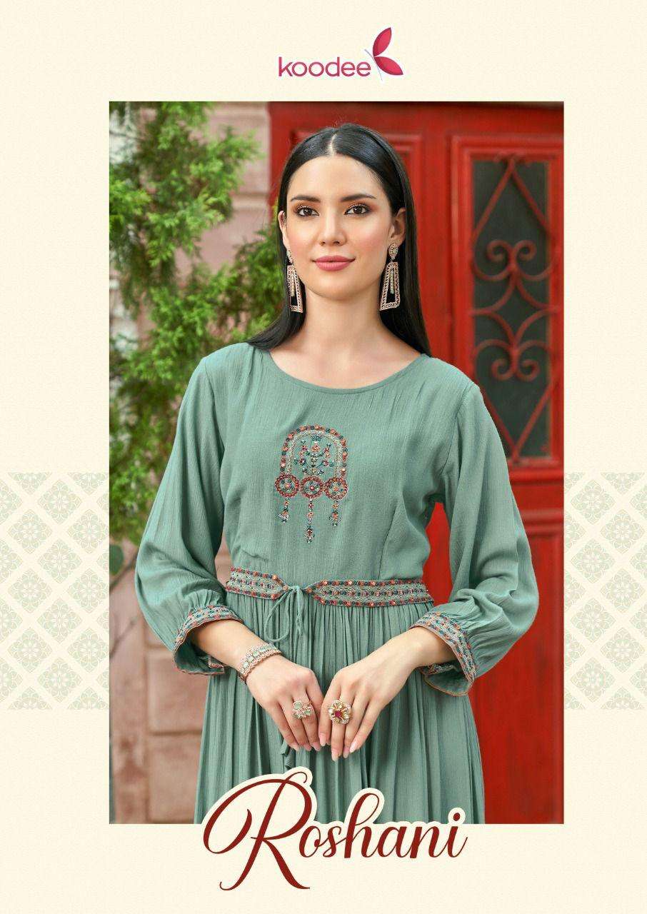 ROSHNI -1 BY KOODEE BRAND FABRIC RAYON EMBROIDERYWORK WITH KHATLI WORK LONG FROCK STYLE KURTI  WHOLE...