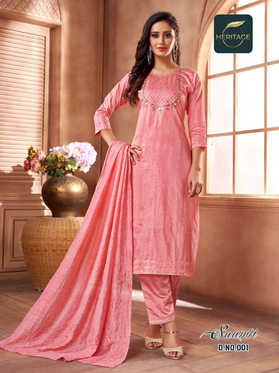 SAANVI BY HERITAGE BRAND FABRIC SILK EMBROIDERY WORK ALINE KURTI WITH  FANCY PANT AND CHANDERI DESIG...