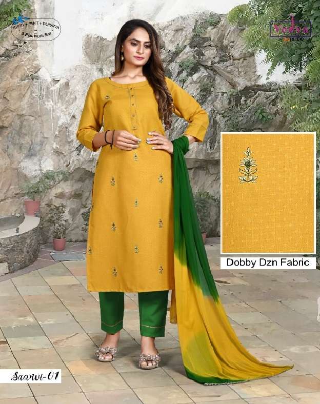 SAANVI BY VEDYA BRAND FABRIC RAYON SLUB EMBROIDERYWORK KURTI FANCY PANT WITH NAZMIN DUPATTA  WHOLESA...