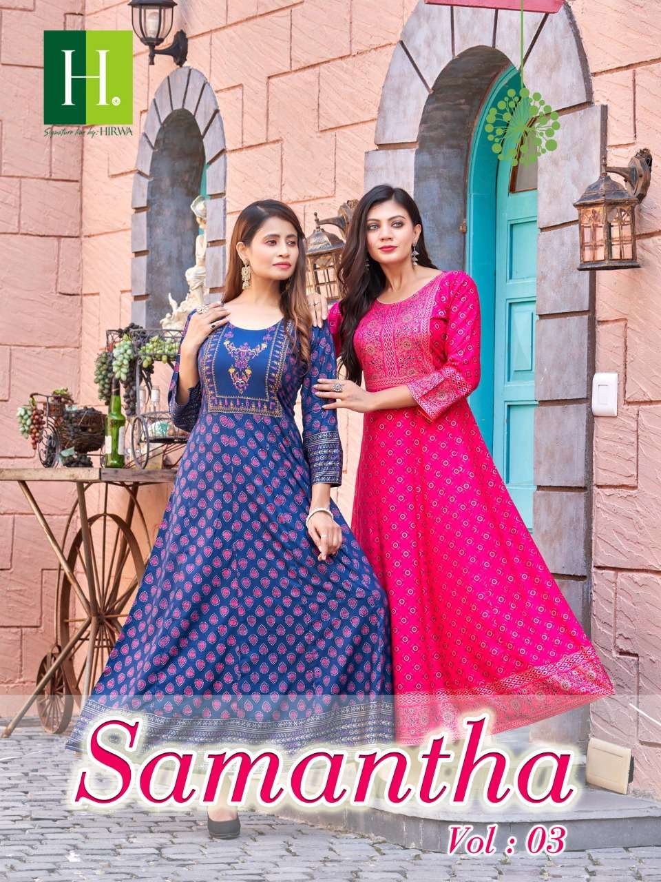 SAMANTHA VOL.3 BY HIRWA BRAND FABRIC  HEAVY RAYON EMBROIDERY WORK PRINTED WITH FANCY LONG GOWN KURTI...