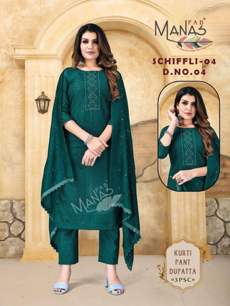 SCHIFFLI BY MANAS FAB BRAND FABRICS CHINON SEQUENCE HANDWORK LONG KURTI WITH FULL INNER WITH LACE BO...