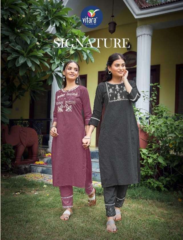  SIGNATURE BY VITARA-FASHION BRAND COTTON EMBRODRY WORK KURTI WITH COTTON STRIPS PANT WHOLESALER AND...