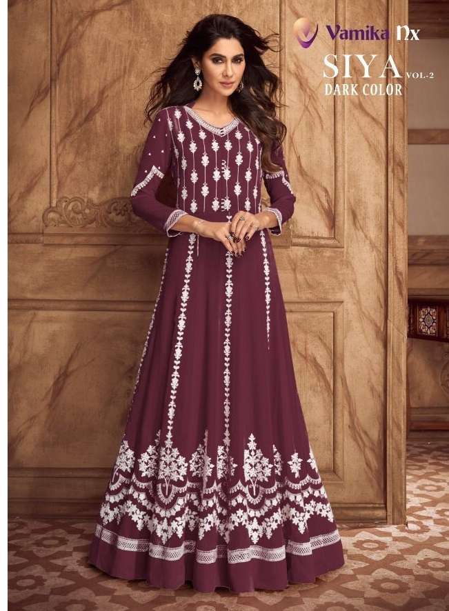  SIYA VOL-2 DARK COLOR  BY VAMIKA NX  BRAND FABRICS PURE GEORGETTE WHITE FLOCK PRINT LONG GOWN KURTI...