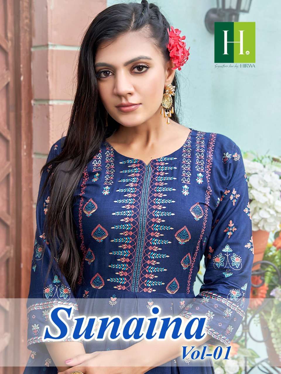 SUNAINA BY HIRWA BRAND FABRIC HEAVY RAYON SLUB EMBROIDERY WORK LONG GOWN KURTI  WHOLESALER AND DEALE...