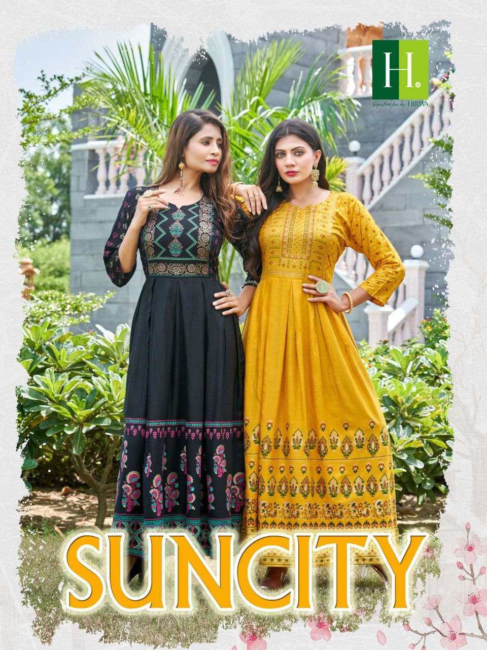 SUNCITY BY HIRWA BRAND FABRIC HEAVY RAYON SLUB FOIL PRINTED LONG GOWN KURTI WHOLESALER AND DEALER