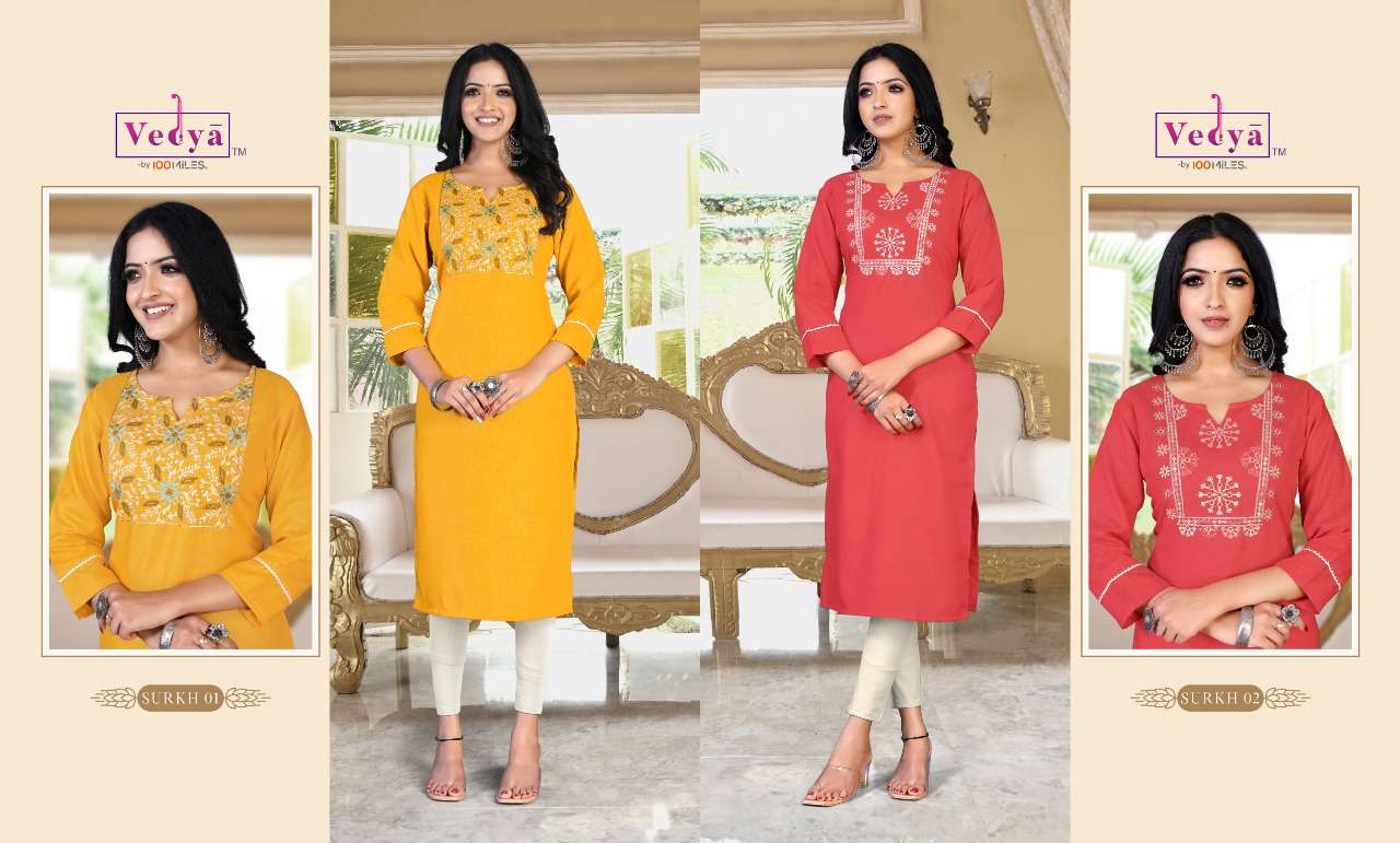 SURKH BY VEDYA  RAYON FABRIC EMBROIDEREDWORK STRAIGHT LINE KURTI WHOLESALER AND DEALER