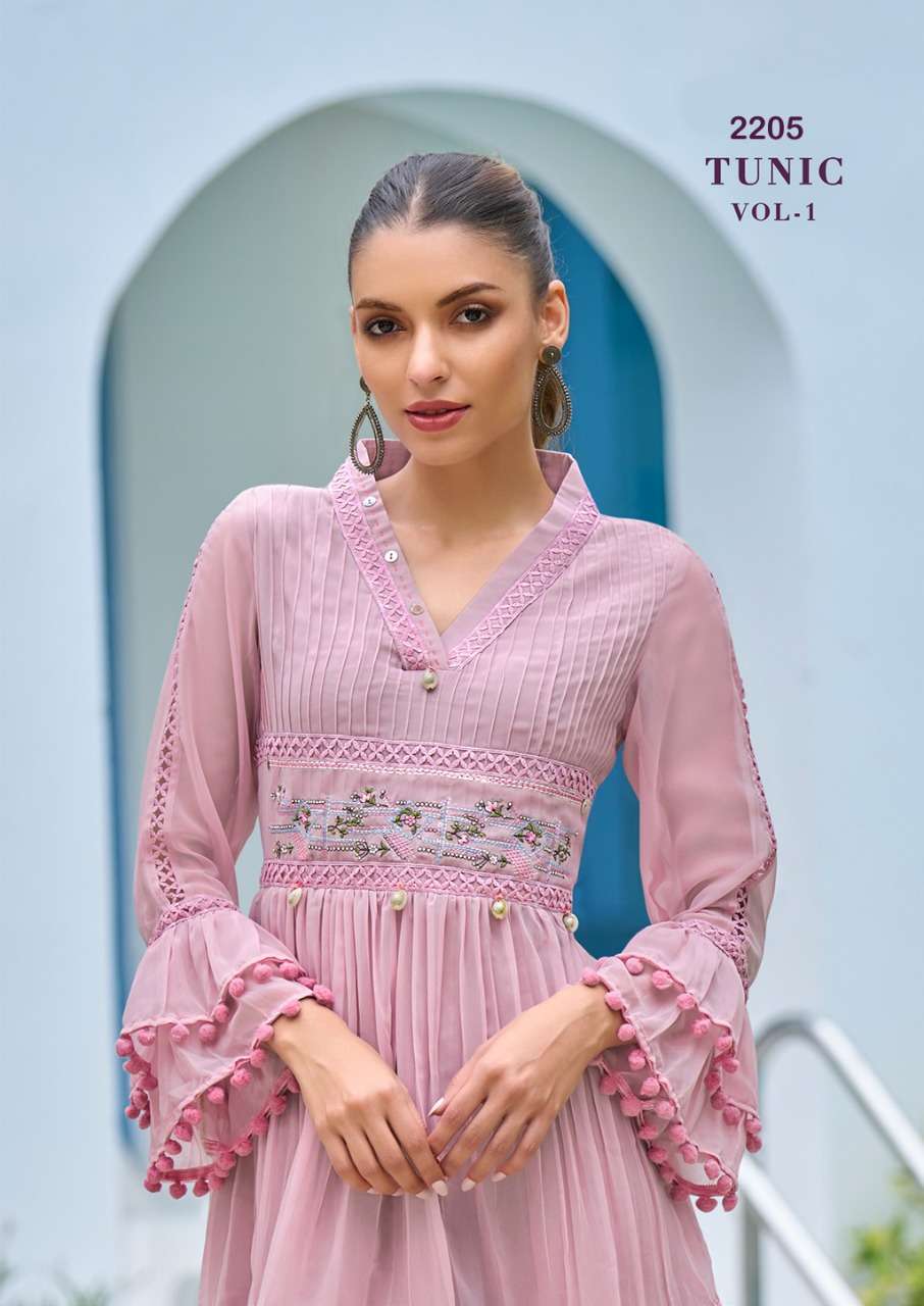  TUNIC VOL 1 BY S3FOREVER BRAND FABRIC GORGETTE HEAVY FOXS EMBROIDERYWORK KURTI AND HEAVY ROYAL CRAP...