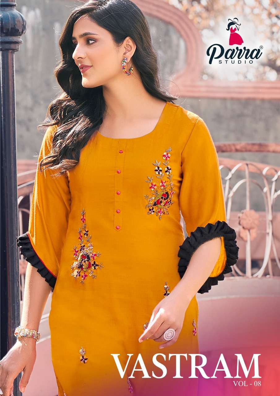 VASTRAM VOL 8 BY PARRA STUDIO BRAND PURE RAYAN SULB 14 KG LIVA TAGE WITH KHATILI WORK KURTI BRAND WH...