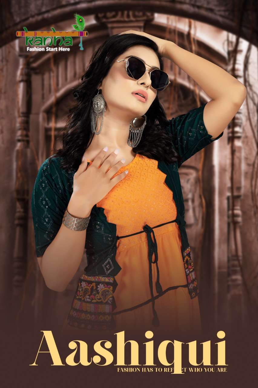 AASHIQUI BY KANHA BRAND HEAVY RAYON SEQUENCE WORK FROCK STYLE KURTI WITH FANCY JACKET WHOLESALER AND...