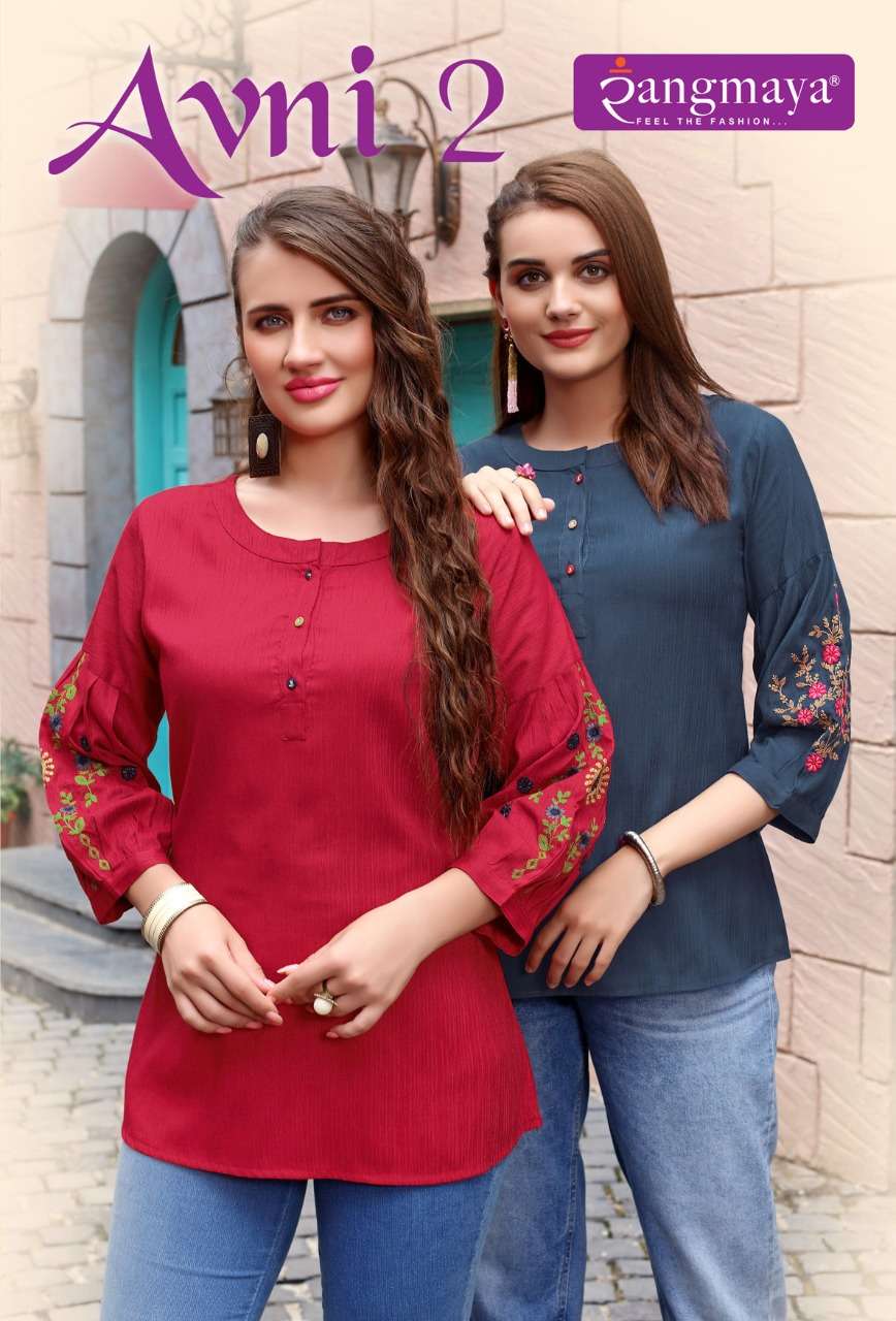 AVNI VOL-2 BY RANGMAYA BRAND FABRIC RAYON IMPORTED WITH SLEEVES WORK SHORT TOP KURTI WHOLESALER AND ...