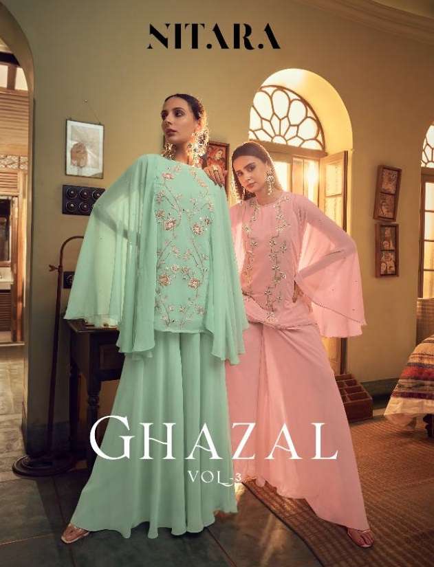 GHAZAL VOL-3 BY NITARA BRAND FABRIC GEORGETTE EMBROIDERYWORK KURTI AND FANCY SHARARA PANT WHOLESALER...