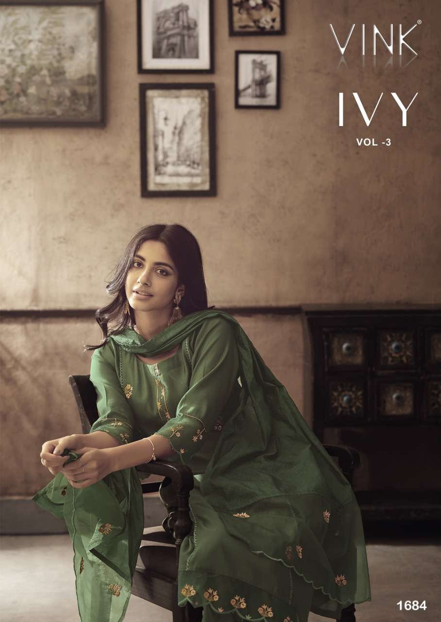 IVY-3 BY VINK BRAND FABRIC CHINNON EMBROIDERYWORK LONG KURTI WITH FANCY CHINNON  PANT AND ORGANZA KO...