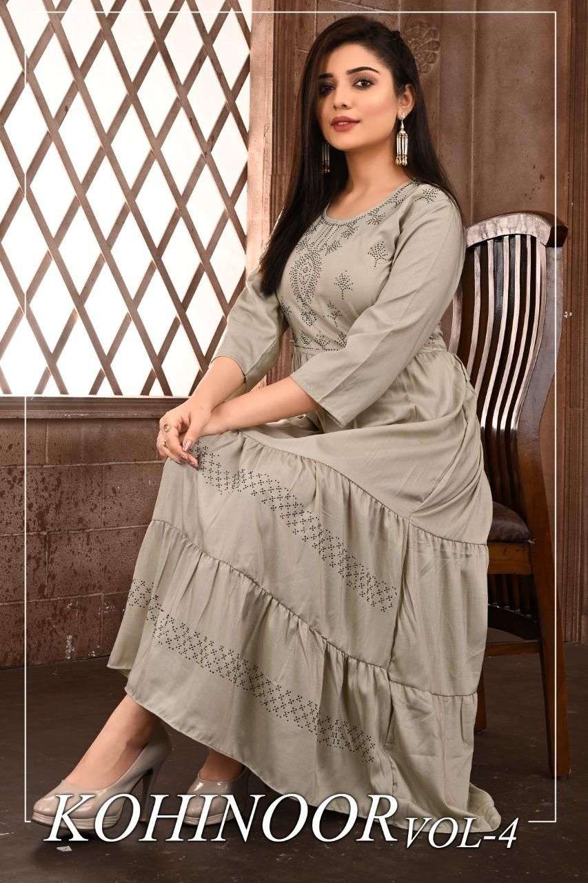 KOHINOOR VOL.4 BY RIYAA BRAND CHINON SIROSKI WORK GHAGHRI STYLE LONG KURTI WHOLESALER AND DEALER