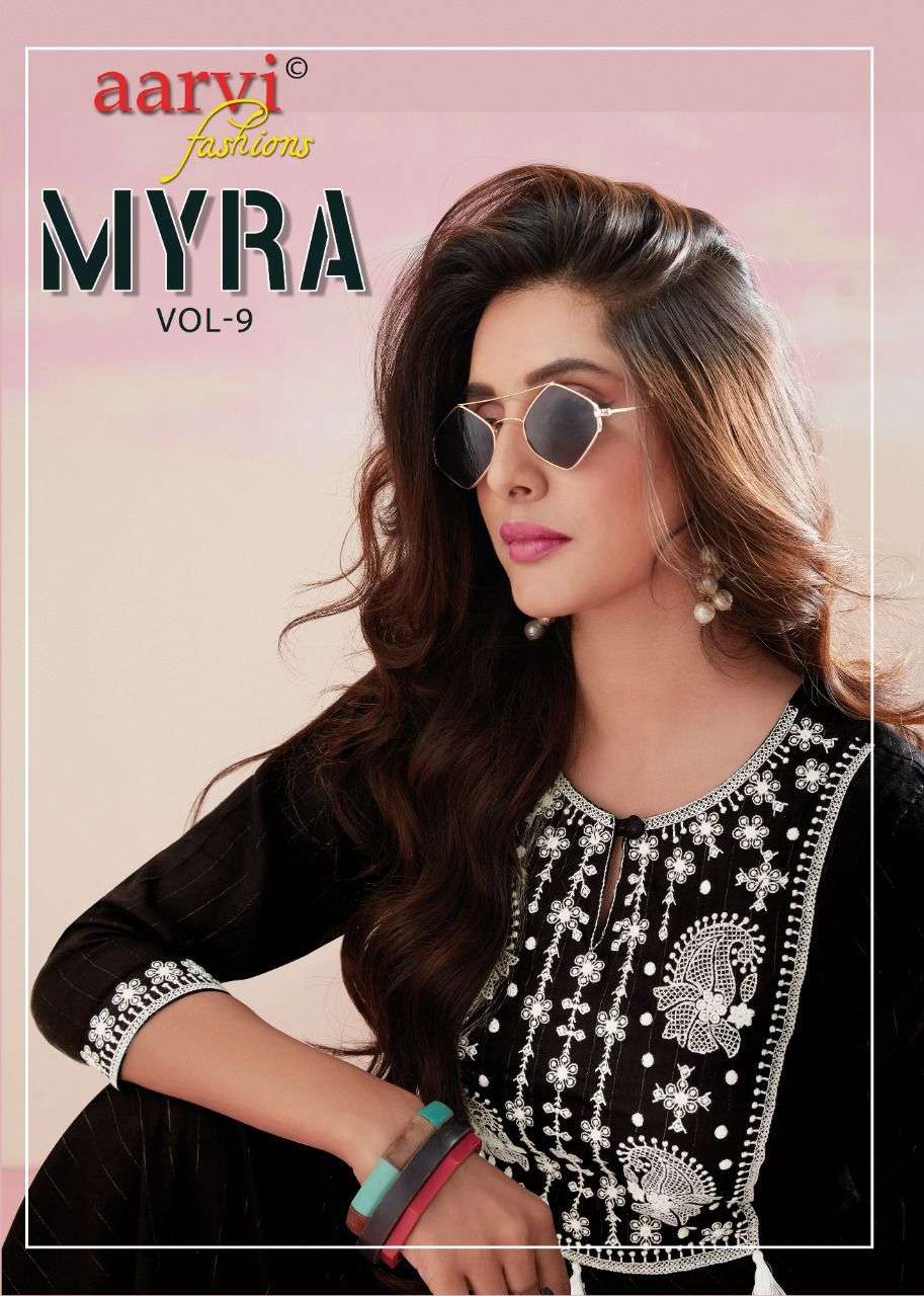 MYRA  VOL 9 BY AARVI FASHION BRAND FABRIC RAYON SLUB JARI FROCK STYLE KURTI WHOLESALER AND DEALER