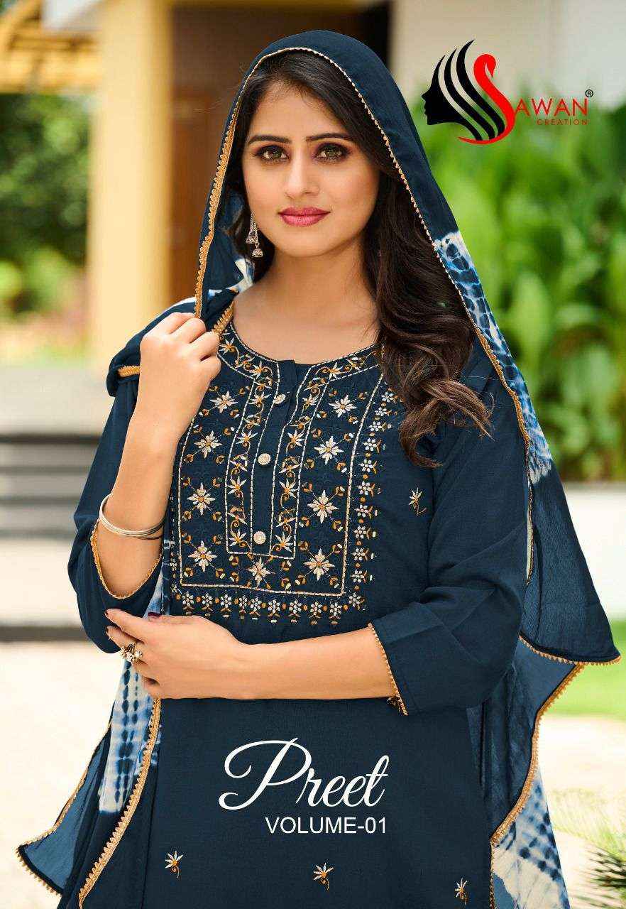 PREET VOL -1 BY SAWAN BRAND EMBROIDERY WORK KURTI WITH PLAZO AND FANCY DUPATTA WHOLESALER AND DEALER
