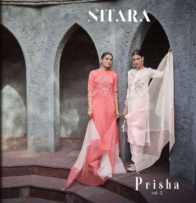 PRISHA VOL-2 BY NITARA BRAND FABRIC PURE CHANDERI EMBROIDERY WORK KURTI MALL INNER WITH SLUB PANT AN...