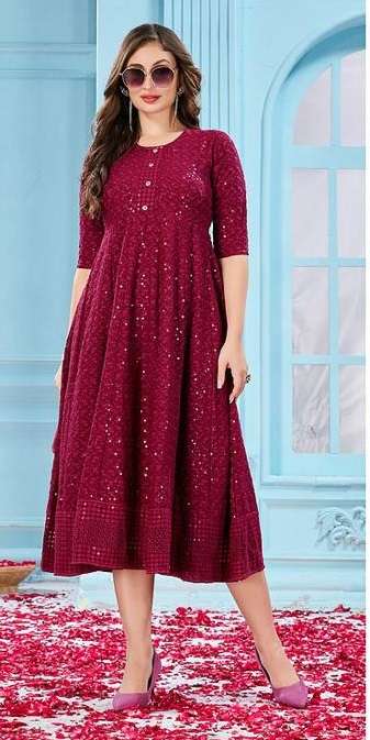 RANG DE BY SAMARA BRAND FABRIC RAYON SHIFFLI WORK LONG FROCK STYLE  KURTI  WHOLESALER AND DEALER