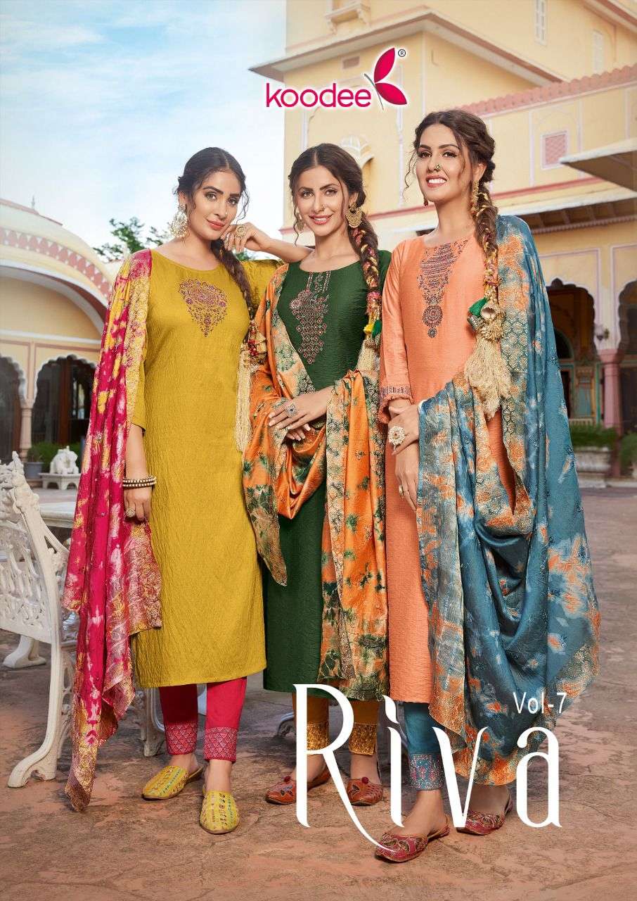  RIVA VOL-7 BY KOODEE BRAND VISCOSE EMBROIDERY PLUS KHATLI WORK KURTI WITH LYCRA PANT AND CHANDERI D...