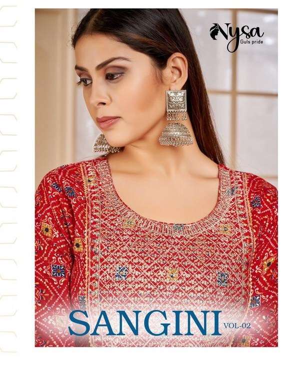 SANGINI  VOL-2 BY NYSA BRAND FABRIC RAYON SEMI CAPSULE BANDHEJ FOIL PRINT SEQUENCE EMBROIDERY WORK N...