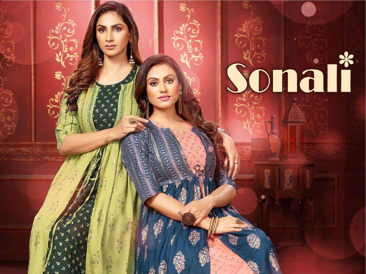 SONALI 3 BY S3FOREVER BRAND FABRIC HEAVY RAYON 14KG GOLD FOIL PRINT FROCK STYLE KURTI WITH FANCY JAC...