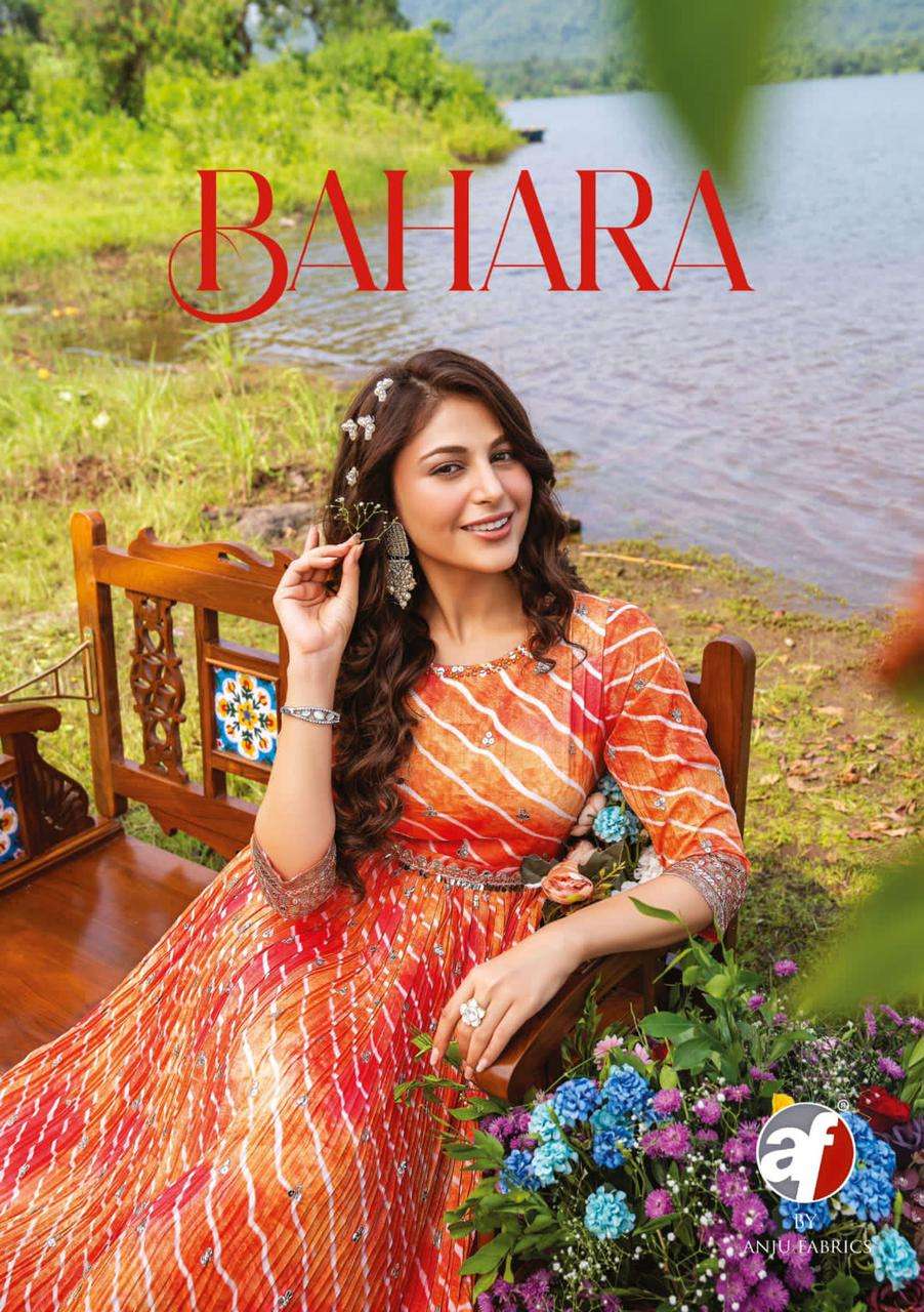 BAHARA BY AF BRAND PURE GEORGETTE SATIN STRIP HANDWORK LAHERIYA AND BANDHANI PRINT LONG GOWN KURTI W...