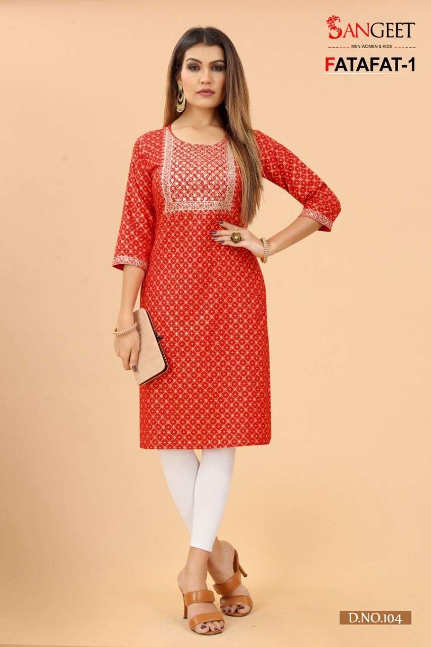 FATAFAT 1 BY SANGEET BRAND HEAVY RAYON WITH CLASSY GOLD PRINT AND EMBROIDERY WORK STRAIGHT KURTI WHO...