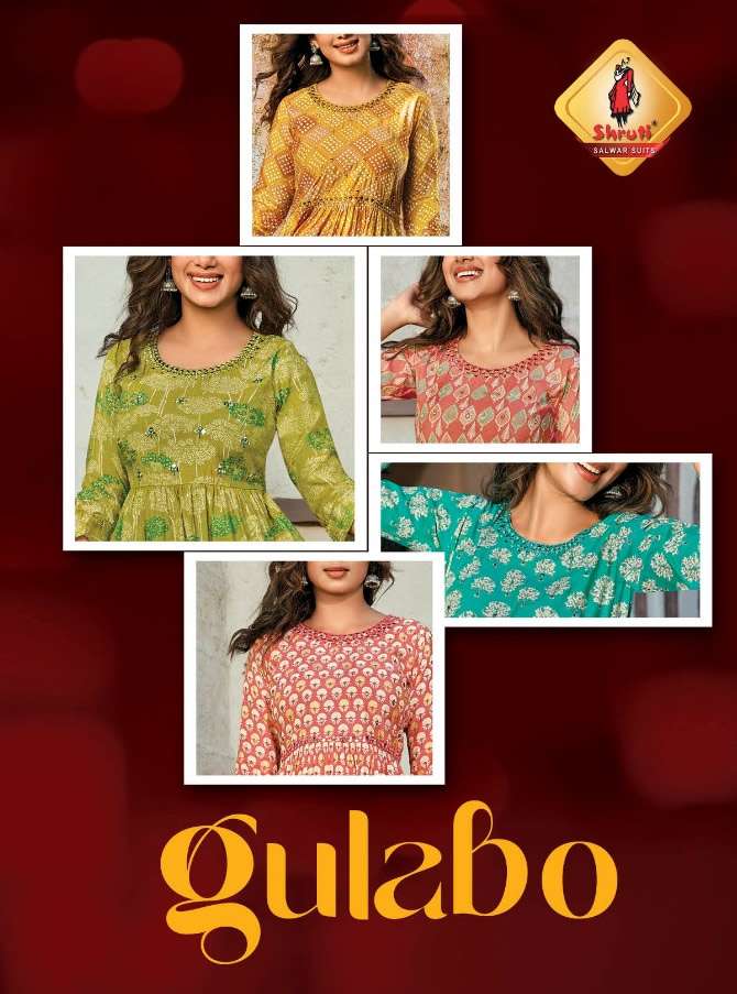 GULABO  BY SHRUTI BRAND -  ROYAL SILK PRINTED AND  MIRROR WORK NAIRA CUT LIVA CERTIFIED KURTI WITH  ...