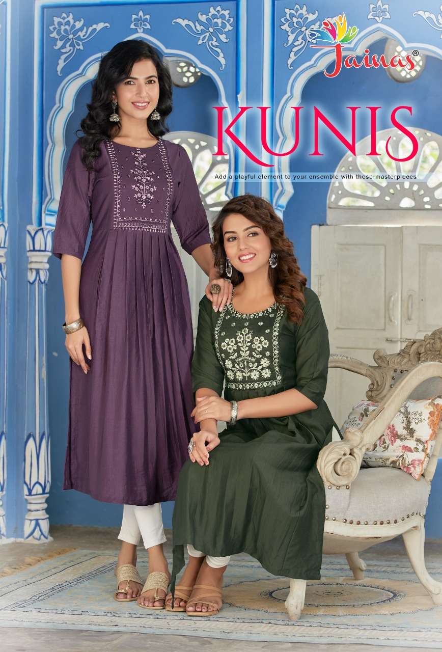 KUNIS BY JAINAS BRAND - CHINNON FABRIC NAYRA CUT KURTI WITH EMBROIDERY WORK IN NECK WHLESALER AND DE...