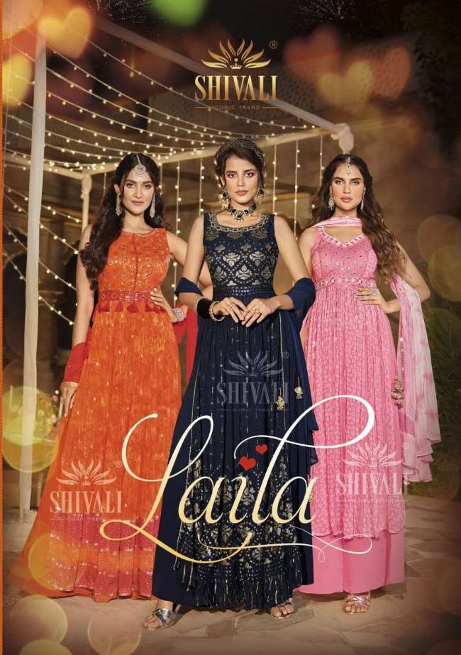 LAILA BY SHIVALI BRAND PRESENTS BEAUTIFUL GEORGETTE FABRICS LONG HEAVY WORK KURTI WITH SHARARA AND G...