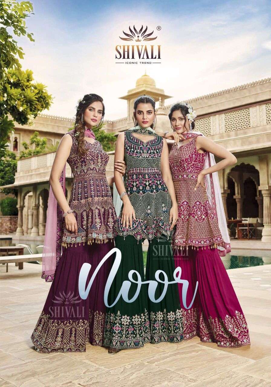 NOOR BY SHIVALI BRAND GEORGETTE HEAVY HANDWORK KURTI WITH HEAVY SHARARA AND FANCY DUPATTA WHOLESALER...