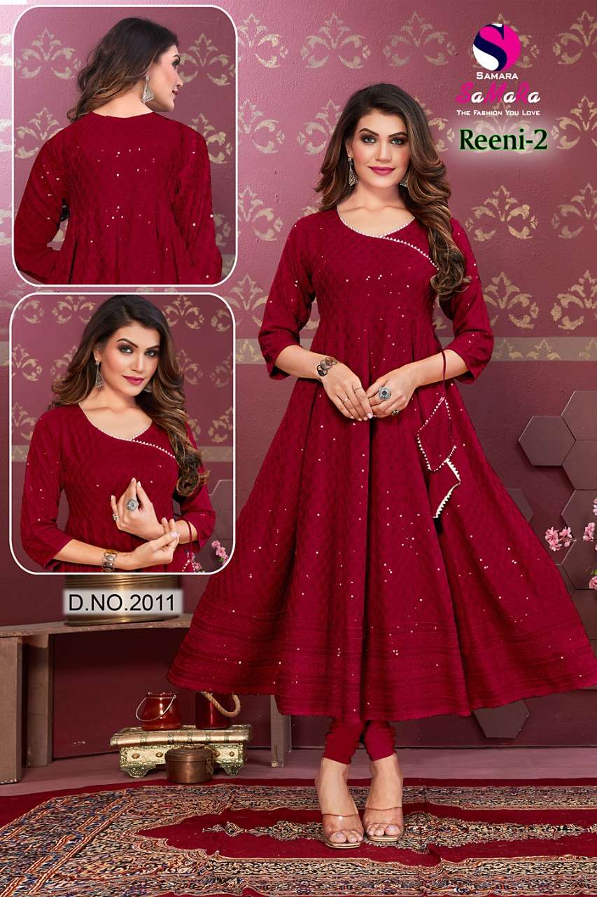 REENI VOL 2 BY SAMARA BRAND PRESENTS RAYON LONG GOWN PATTERN KURTI  WITH BEAUTIFUL SHIFFLI WORK WHOL...