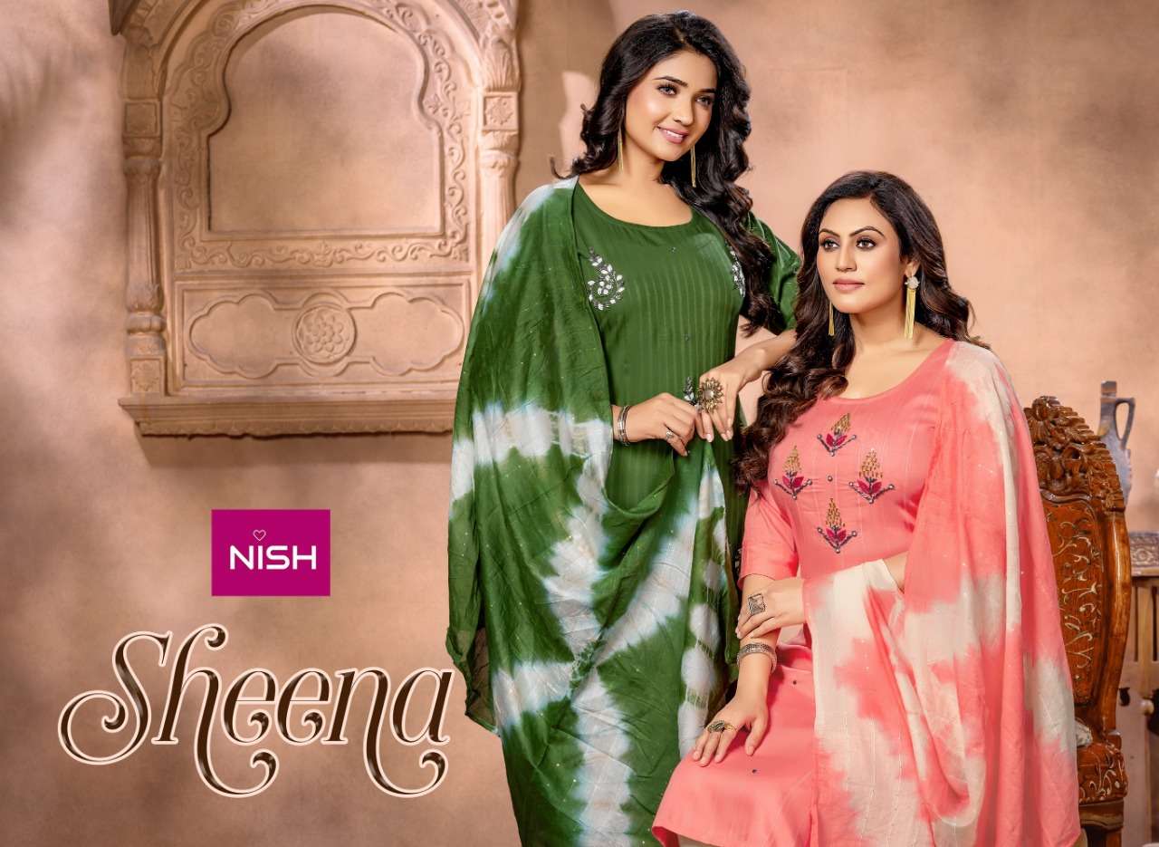 SHEENA BY NISH BRAND HEAVY BOMBAY RAYON EMBROIDERY WORK KURTI WITH RAYON FANCY PANT AND CHANDERI SEQ...