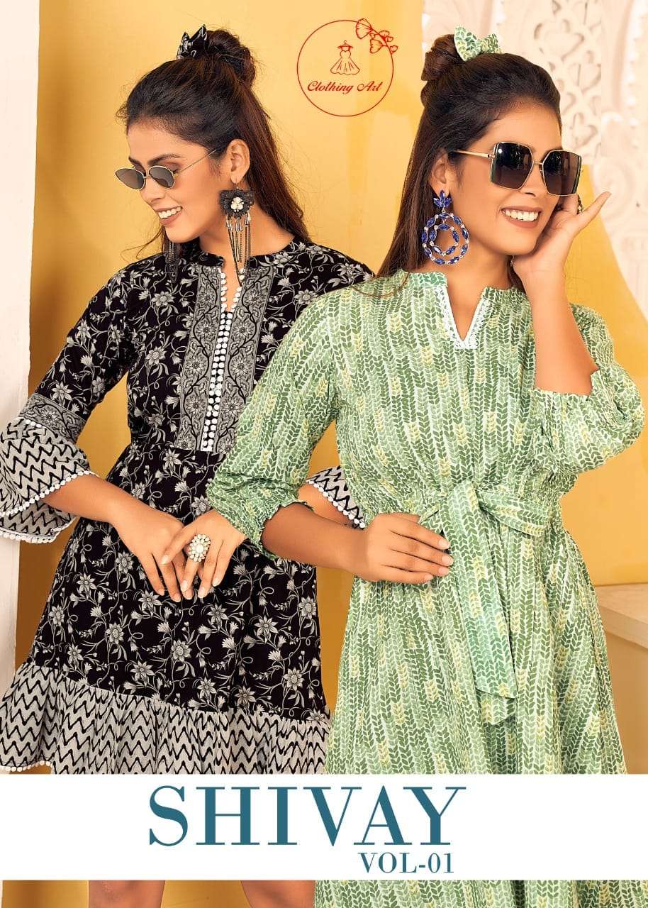 SHIVAY VOL 1 BY CLOTHING ART BRAND PURE 60*60 COTTON WITH FANCY PRINT FROCK STYLE TUNIC TOP KURTI WI...