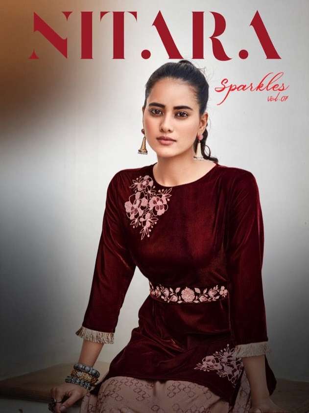 SPARKLES VOL 7 BY NITARA BRAND VISCOSE VELVET WITH HEAVY WORK PEPLUM TOP KURTI WITH ART SILK SKIRT A...