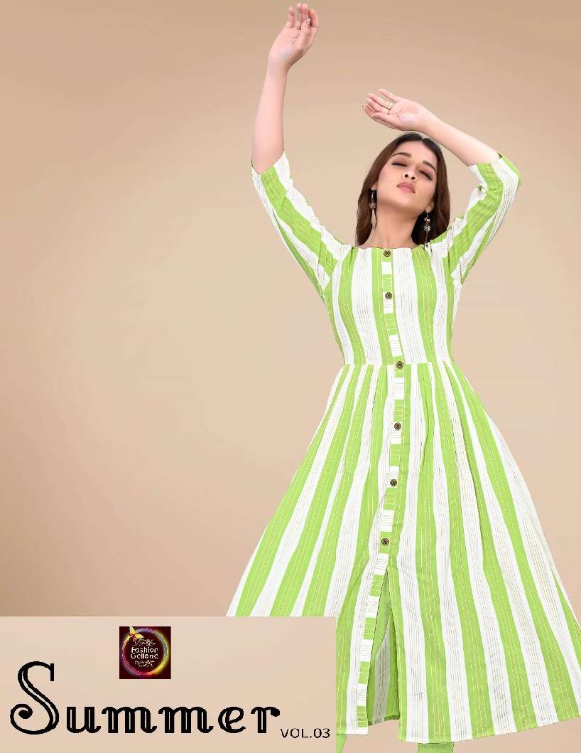 SUMMER VOL 3 BY FASHION GALLERIA BRAND COTTON WITH WEAVING AND ZARI WORK A- LINE KURTI WHOLESALER AN...