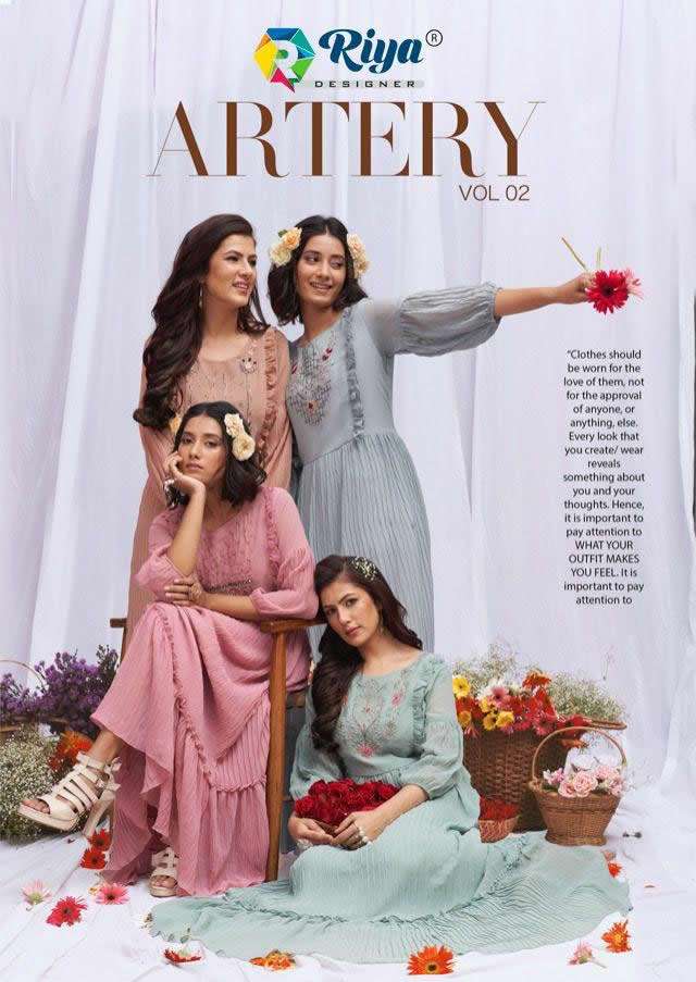  ARTREY VOL 2 BY RIYA DESIGNER BRAND -  PURE VISCOSE FOX GEORGETTE KHATLI WORK CRUSHING PATTERN LONG...