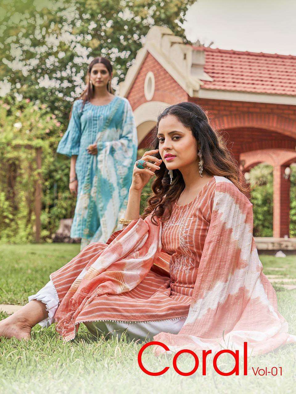 CORAL VOL 1 BY S3FOREVER  BRAND PRESENTS FINEST QUALITY VISCOSE REYON EMBROIDERY WORK IN NECK KURTI ...