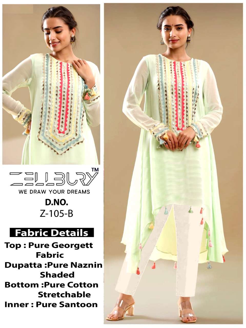 FESTIVE COLLACTION BY ZELLBURY BRAND - GEORGETTE DESIGNER EMBROIDERED TUNIC WITH SANTTON INNER WITH...
