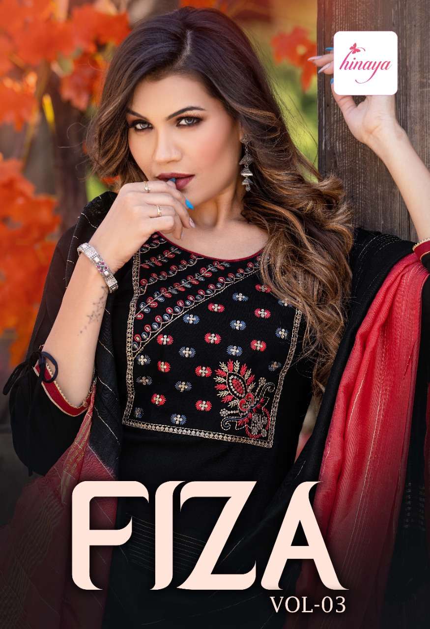FIZA VOL-3 BY HINAYA BRAND - HEAVY RAYON 1400 TRENDY EMBROIDERED WORK PATTERNS STRAIGHT KURTI WITH S...