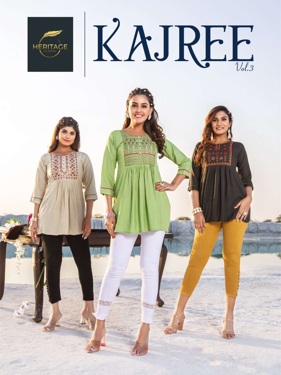 KAJREE VOL 3 BY HARITAGE COLLECTION BRAND  - RAYON AND RAYON SLUB DESIGNER SHORT KURTI OT TOP WITH  ...