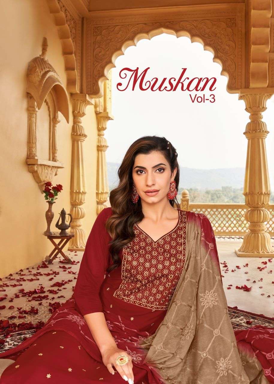 MUSKAN VOL 3 BY S3FOREVER BRAND -  HEAVY P S COTTON SILK WORK IN NACK AND BUTTI KURTI WITH P S SILK ...