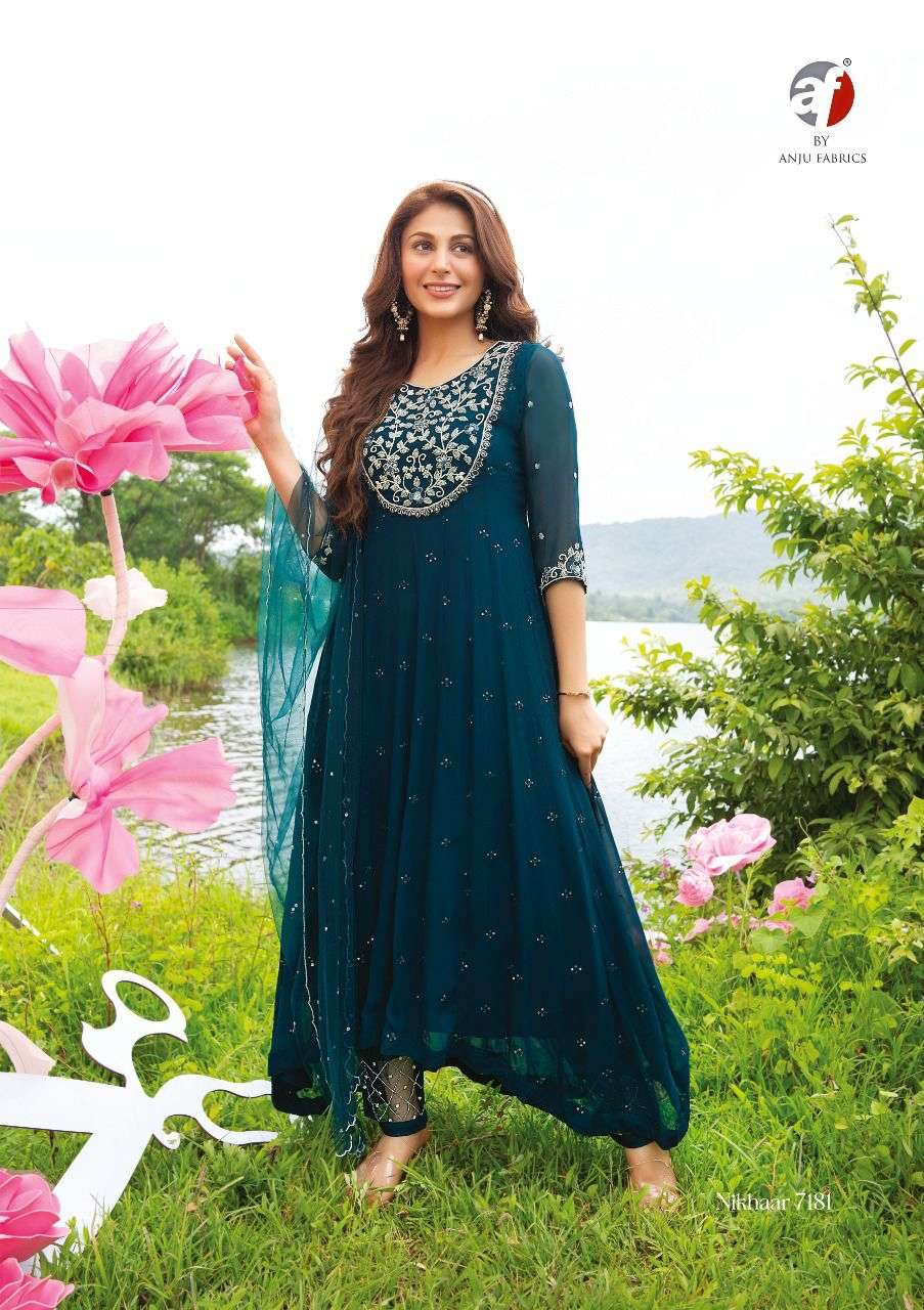 NIKHAAR BY AF BRAND -  PURE VISCOSE GEORGETTE EMBROIDERY AND HEAVY HAND WORK HIGH-LOW ANARKALI DRESS...