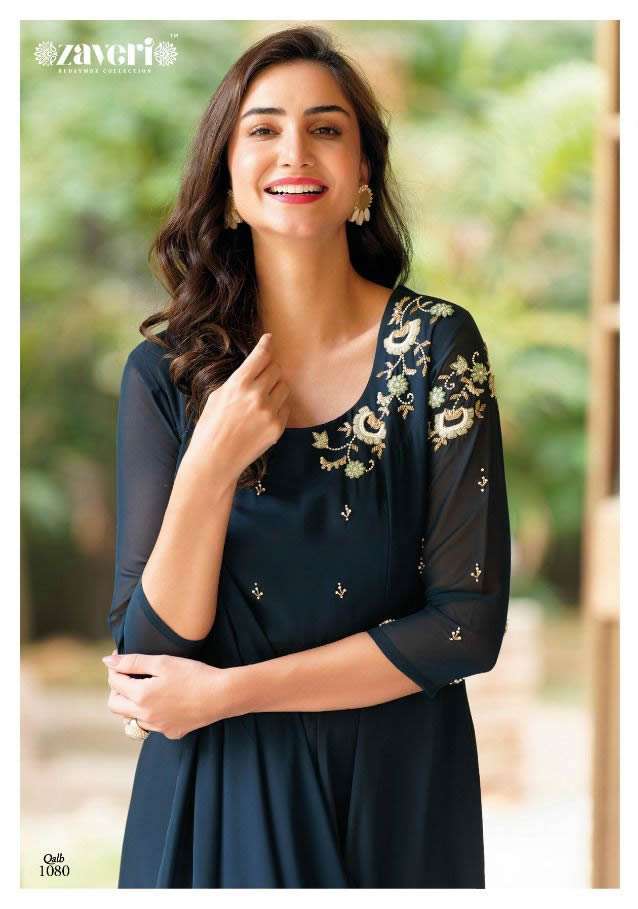 QALB BY ZAVERI BRAND PRESENTS GEORGETTE LONG DESIGNER LONG HAND WORK AND KHATALI WORK KURTI WITH GEO...