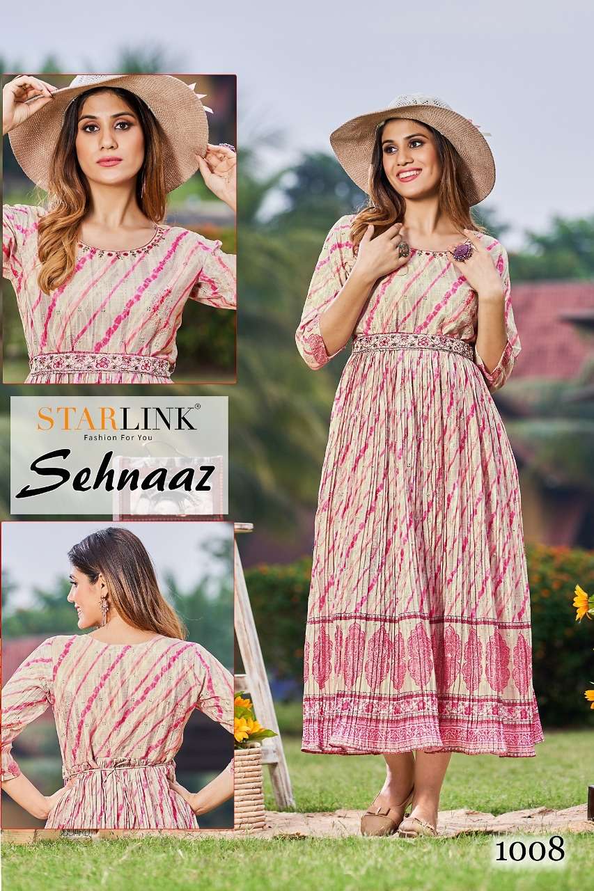 SEHNAAZ BY STARLINK BRAND - CHINNON DIGITAL PRINT CRUSH HAND WORK LESS & PATTI FLAIR LONG DESIGNER K...