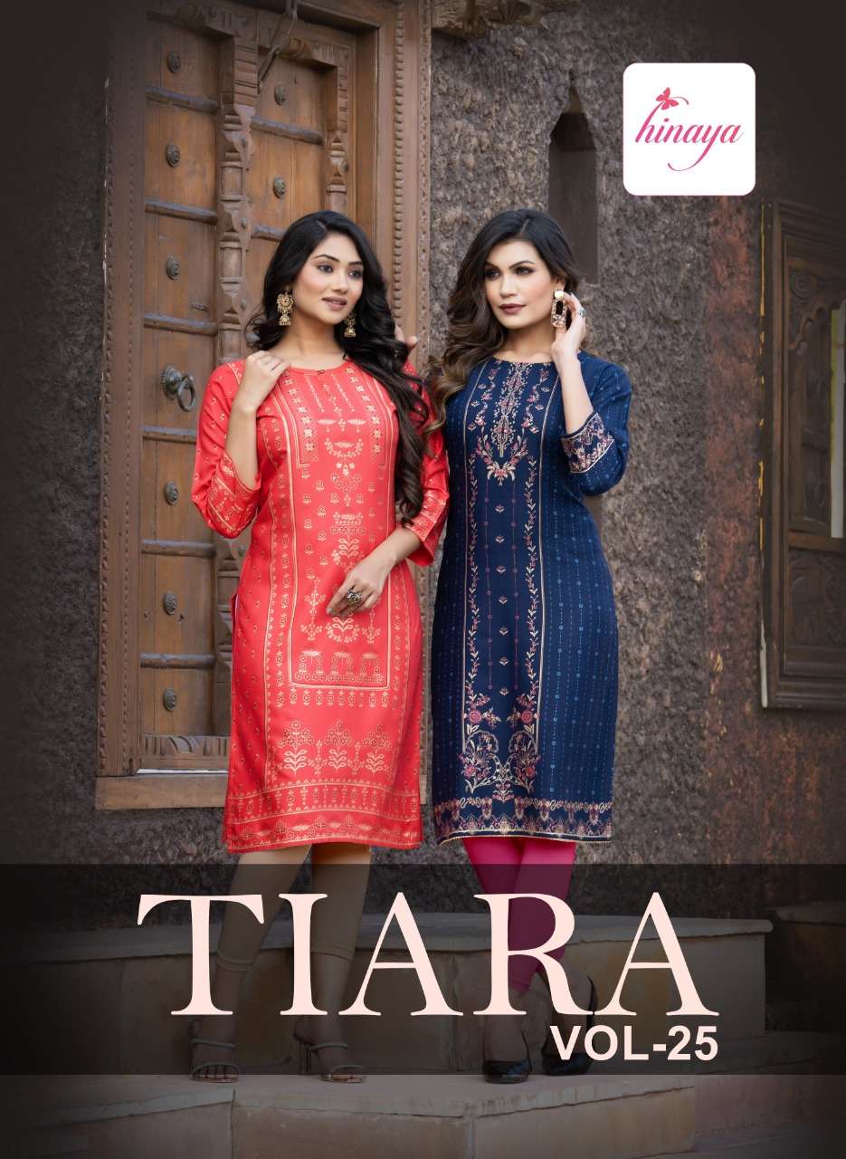 TIARA VOL 25 BY HINAYA BRAND - RAYON SLUB PRINTED DESIGNER KURTI WITH HANDWORK - WHOLESALER AND DEAL...