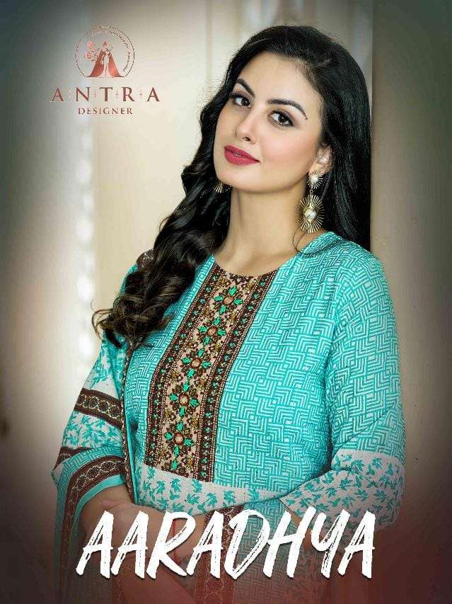 AARADHYA BY ANTRA DESIGNER BRAND PRESENTS MASLIN CROSET PRINTED STRAIGHT KURTI WITH LYCRA PANT AND M...