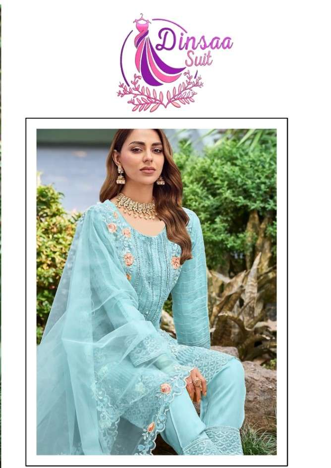 DINSAA SUIT - HEAVY DAL ORGANZA EMBROIDERED WITH KHATLI WORK KURTI WHOLESALER AND DEALER