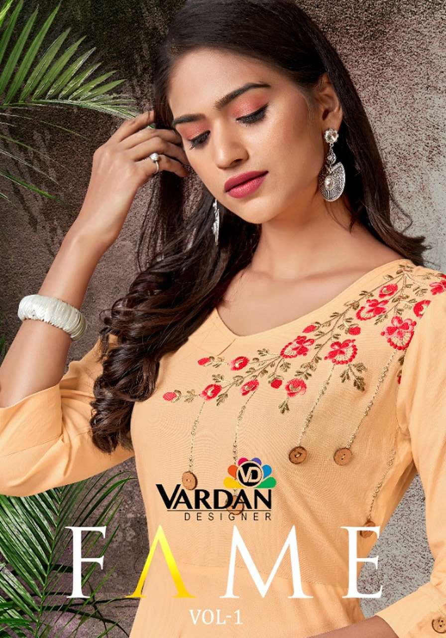 FAME VOL-1 BY VARDAN DESIGNER BRAND PRESENTS 14 KG HEAVY RAYON LONG KURTI WITH FANCY SLEEVES PATTERN...