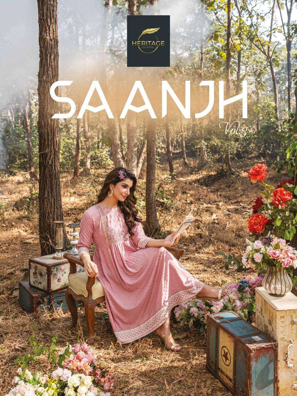 HARITAGE COLLECTION - SAANJH VOL 3 -  DESIGNER PRINTED FLARED KURTI WITH SEQUENCE EMBROIDERY & DETAI...