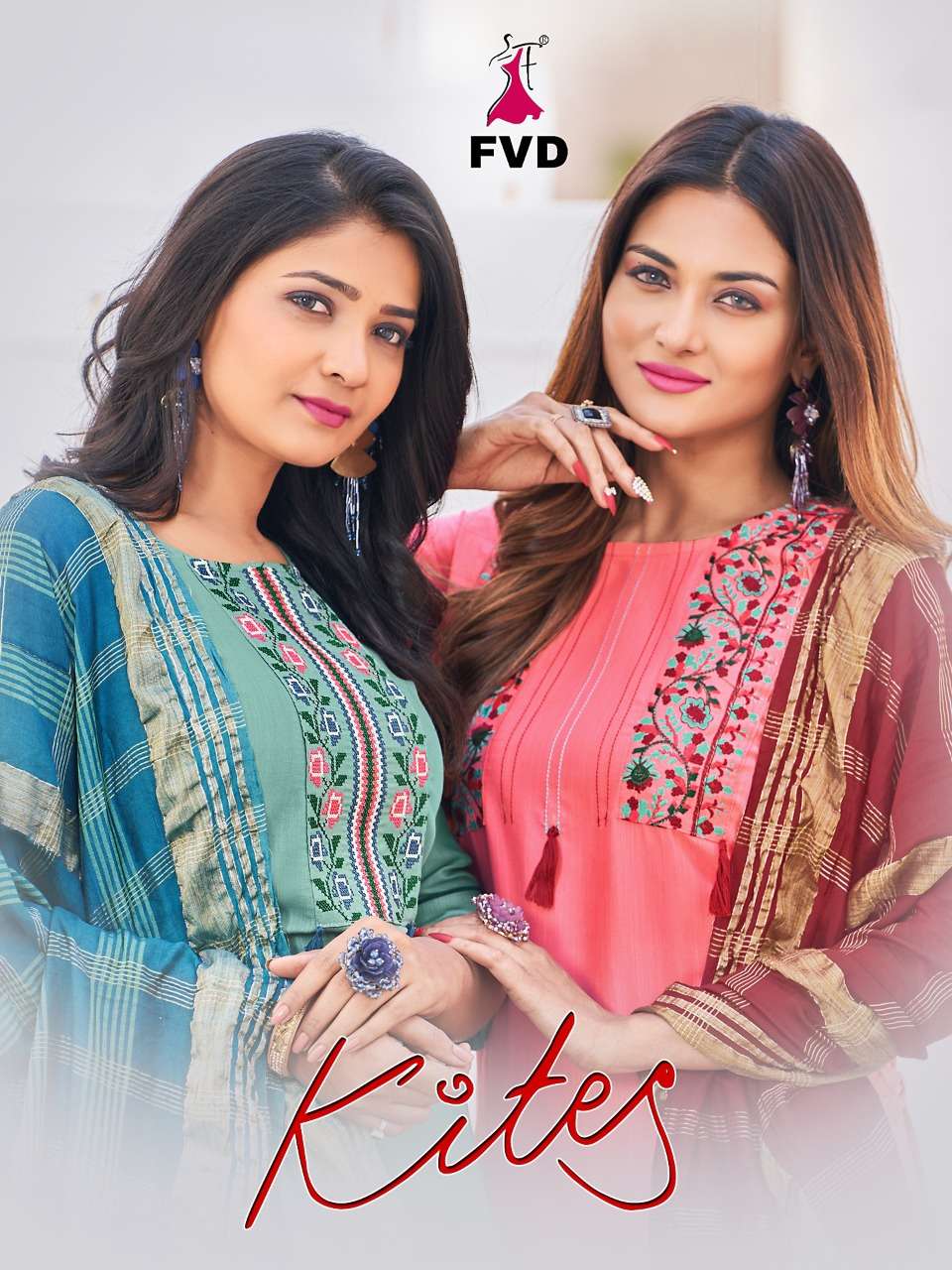 KITES VOL 3 BY FVD BRAND -  FANCY VISCOS TESLA RAYON STYLIST NACK EMBROIDERY WORK KURTI WITH  COTTON...